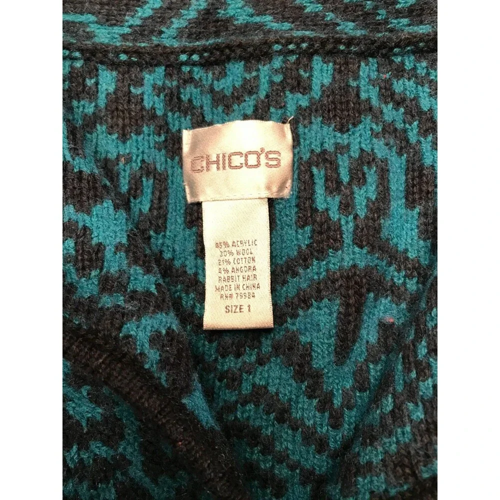 Chico's Wool Angora Blend Cardigan Plus Size 1 Turquoise & Black One Button Cozy